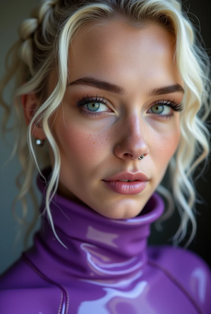 blond woman, young, short curly white braids, septum piercing, dimples, thick collar around neck, naughty expression, purple latex, studio lights, dominating smile, close-up, UHD, retina, masterpiece, accurate, anatomically correct, textured skin, super detail, high details, high quality, award winning, best quality, highres
