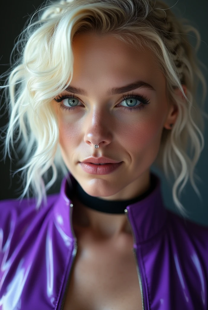 blond woman, young, short curly white braids, septum piercing, dimples, thick collar around neck, naughty expression, purple latex, studio lights, dominating smile, close-up, UHD, retina, masterpiece, accurate, anatomically correct, textured skin, super detail, high details, high quality, award winning, best quality, highres
