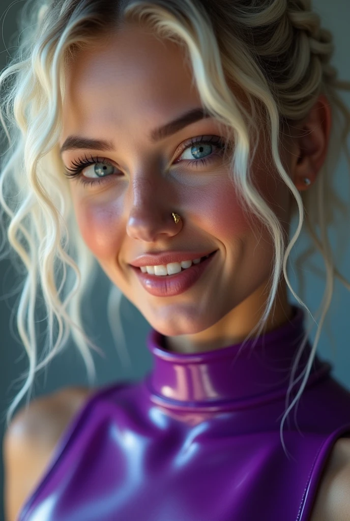 blond woman, young, short curly white braids, septum piercing, dimples, thick collar around neck, naughty expression, purple latex, studio lights, dominating smile, close-up, UHD, retina, masterpiece, accurate, anatomically correct, textured skin, super detail, high details, high quality, award winning, best quality, highres
