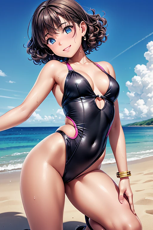 #Basic
A girl posing for a photo, (((One Girl))), (((Baby Face:1.4)) + ((cute:1.4)) + ((s old))),
break
#Clothing Accessories
((Black monokini:1.4) : (Side cut)) + white high heel sandals,
(Gold Hoop Earrings), (gold fancy bracelet), (A necklace studded with many precious stones),
break
#Features
((Black Hair:1.2)) + ((Pixie Cut Hair) : Very short hair:1.4 + Curly hair + Outer bounce + Disheveled Hair:1.4),
((drooping eyes:1.4, Big eyes:1.2), blue eyes), (Small breasts + Flat chest), (中性的な顔のFeatures),
((sensuous:1.5)),
break
#background environment
((noon, (Sunny tropical beach:1.1), ((blue sky)))),
#Facial Expression Pose
((blush:1.2, smile, Open your mouth:1.3)), ((A pose where both legs are firmly planted on the ground.、Arms spread wide to the sides, Sweating in the body)),
#composition
((To the camera), (Angle from the front), (Character Focus), (Cowboy Shot)),
break
#Body parts elements
(Slim figure),
(Symmetrical facial features),
(Detailed Hair, Beautiful Hair, Shiny Hair),
(double eyelid, Long eyelashes, Thin eyebrows:0.5, Thin eyebrows:0.5),
(Expression of fine eyes, Beautiful and delicate eyes, Sparkling eyes, Eye Reflexes, Glitter Eyeliner),
(Human Ear),
(Beautiful Nose, Thin Nose),
(Glossy Lips, Beautiful Lips, Thick lips),
(Detailed skin, Textured skin, Beautiful Skin, Oily skin),
break
#quality
(((最高quality)), ((masterpiece:1.3)), ((Very detailed))), ((Ultra-high resolution)), ((16K)), ((1080P)), ((Full HD)),
((Anatomically correct)), ((Realistic)), (3DCG), ((Oil painting)),
((comics, anime)), (CG illustration), (RAW Photos),