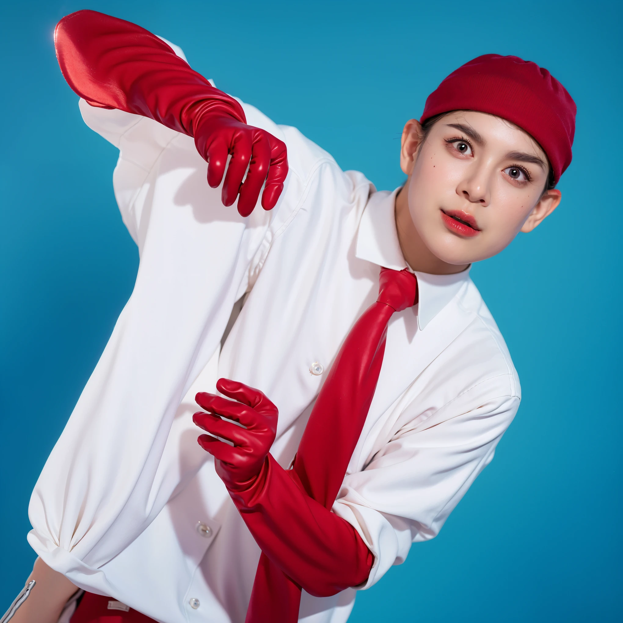 The image features a character with a vivid and expressive appearance. He's dressed in a white shirt paired with a bright red tie, and matching red gloves that add a touch of drama to his ensemble. His facial expression is striking, characterized by wide eyes and slightly blushed cheeks, suggesting surprise or intensity. He wears a red beanie, which complements his gloves and tie, creating a cohesive look. The blue background contrasts sharply with his outfit, making him stand out even more. This depiction, with its bold colors and exaggerated features, could be suitable for a cartoon or an animated film, emphasizing a playful or dramatic character. The purple background complements the costume, creating a vibrant and engaging scene. (glossy plastic texture with multiple big light probe refractions), perfect cgi, smooth silhouette, high intensity refraction, (super glossy plastic material), most beautiful vfx, , realistic, 4k, high resolution, rim light, smooth 3d model, multiple light sources, rim light, sharp post effects render,, realistic, 4k, high resolution, rim light detailed digital art, reflective, best quality, 4k, masterpiece:1.2, ultra-detailed, realistic, vivid colors, The image of the highest quality, ensuring every detail showcased perfectly. It in 4k resolution, allowing viewers to immerse themselves in the richness of the colors and intricate details. The realistic rendering. under the spotlight, reflecting, high-resolution image, realistic rendering