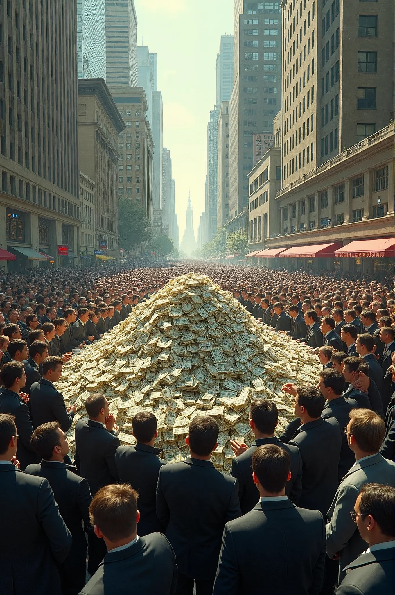there is a large crowd of people standing around a pile of money