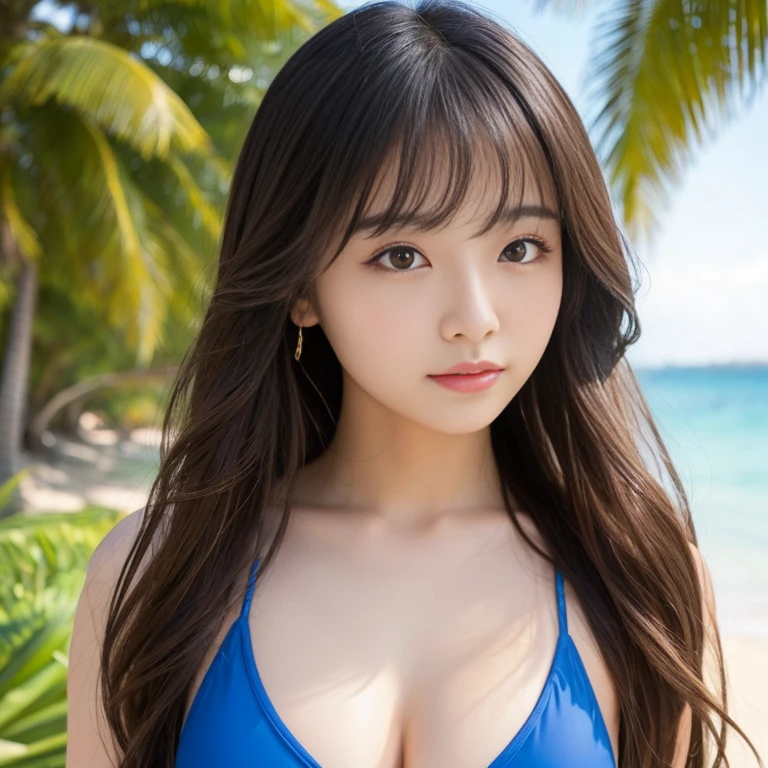 (Highest quality)), ((masterpiece)), (detailed), One person、sexy、Very realistic、Japanese women in their 20s、Loose, fluffy long hair that reaches the shoulders、Swimwear、Clean sandy beach、Transparent dark tone hair color、The average face of a Japanese woman、Full body image、Standing posture、Charm、Alluring