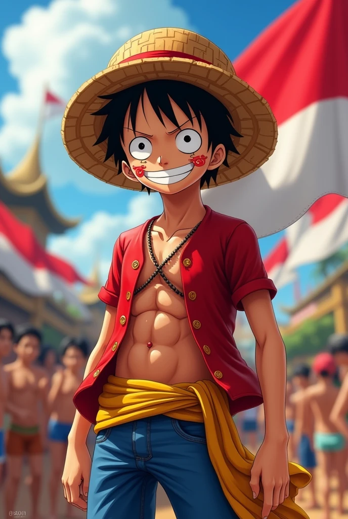 (photorealism:1.2), monkey d-luffy, baju warna merah dan putih, bendera Indonesia, dipipi cap bendera Indonesia, loba "balap karung"