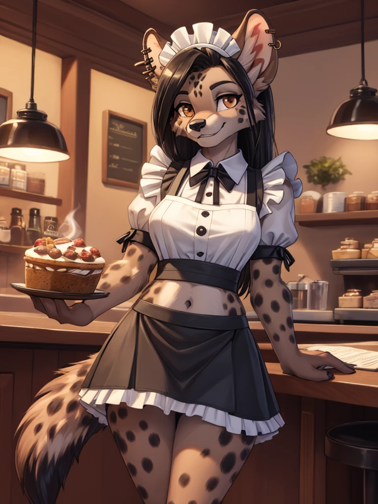 a female anthro furry hyena girl, black hair, hyena spots, black hands and feet, brown eyes, high definition_detail:1, showing off her beautiful figure and her outfit. (Maid navel blouse, maid mini skirt)sweaty body add_details:1, smiling add_detailsl:1, ear piercing add_detail:1, beautiful and detaileds hands, fullbody, in a coffeshop