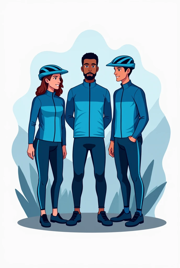 Logo of an MTB cycling group with blue uniform only three members two men one woman, one of the men is black

