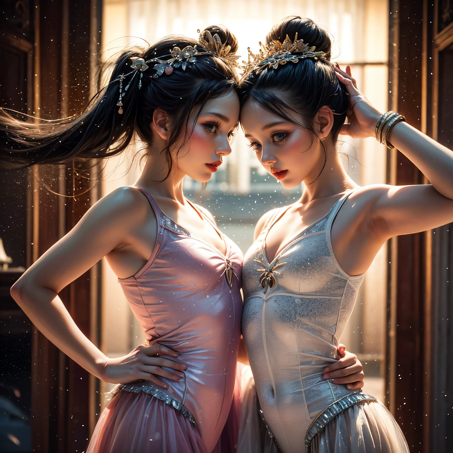 SFW, ExtremelyDetailed (((Kawaii Ballet Girls Group in a row:1.37))), Childish perfect face, Reflective Eyes, Detailed(Delicate Clothing textures), Correct Leg Line, Correct Hand, Dynamic Joyful Expressions LifeLike Rendering, ((Specular Reflection:0.8)) glossy leg, TopQuality 8K Ultra-detailed masterpiece (ProfessionalPhoto:1.37)(Acutance:0.8),(Luminism:1.28), colorful Light particles, (Muscle:-0.5), (Transparent tutu), facing away (Clearly visible Beautiful hip shape) (from side), Renaissance art style