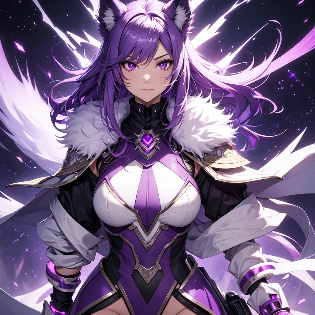 female wolf, purple hair and white fur, shiny purple eyes, dark armor, cosmic powers, full body view