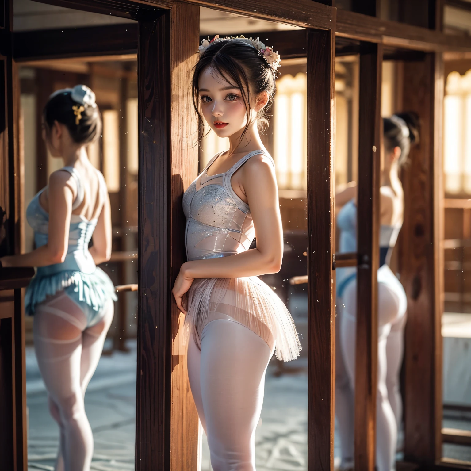 SFW, ExtremelyDetailed (((Kawaii Ballet Girls Group in a row:1.37))), Childish perfect face, Reflective Eyes, Detailed(Delicate Clothing textures), Correct Leg Line, Correct Hand, Dynamic Joyful Expressions LifeLike Rendering, ((Specular Reflection:0.8)) glossy leg, TopQuality 8K Ultra-detailed masterpiece (ProfessionalPhoto:1.37)(Acutance:0.8),(Luminism:1.28), colorful Light particles, (Muscle:-0.5), (Transparent tutu), facing away (Clearly visible Beautiful hip shape) (from side), Renaissance art style