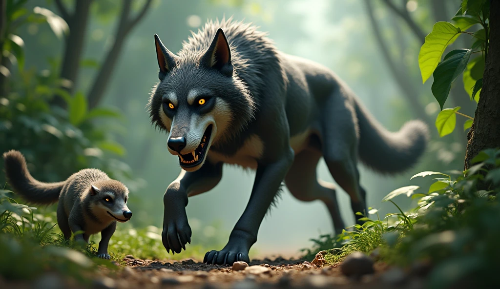 In 3d animation style " A fierce, menacing wolf lurking near the edge of the jungle, eyeing the smaller animals.