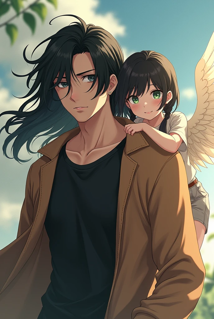2 people. boy, long black hair, grey eyes, in a black T-shirt and a brown jacket, Beautiful face, beautiful body, 2 a girl with angel wings sits on his shoulder black short hair to shoulders, green eyes, anime art, masterpiece, realistically