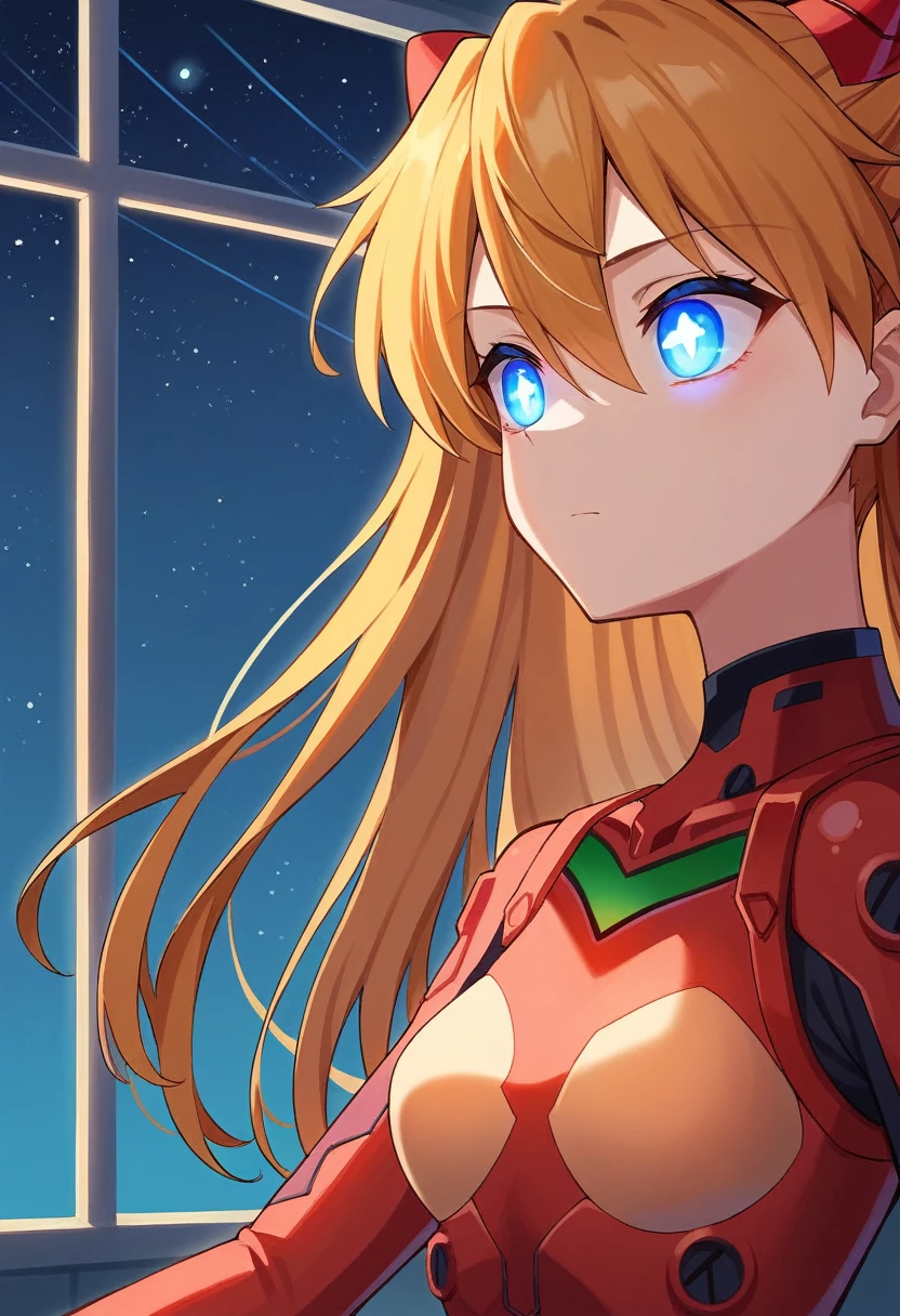 (俯瞰figure),Dynamic Angle,Very detailed, figure, close, Straight, One person, 
 ((Soryu Asuka Langley, Interface Headset, Red bodysuit:1.4, blonde)),Her eyes shone like dream-like stars,(Glowing Eyes:1.233),(Beautiful and detailed:1.1),(Expressionless,Mouth closed),(Are standing), 
(In a white spaceship、Mechanic room with tools and spaceship window),
(night:1.2),dream-like, [[Delicate fingers and hands:0.55]::0.85],(Finger details),