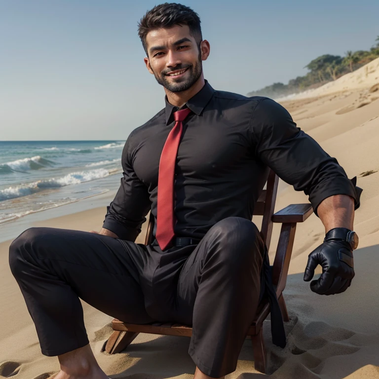 33 years old,One Man,、Handsome。Black Shirt、Red tie、Black gloves、Dhaka - Fighters、Ocean、Sit in the sand　,,logic,Gay ,Very short hair、　,Asian Face,、　Handsome　smile　Seen from below