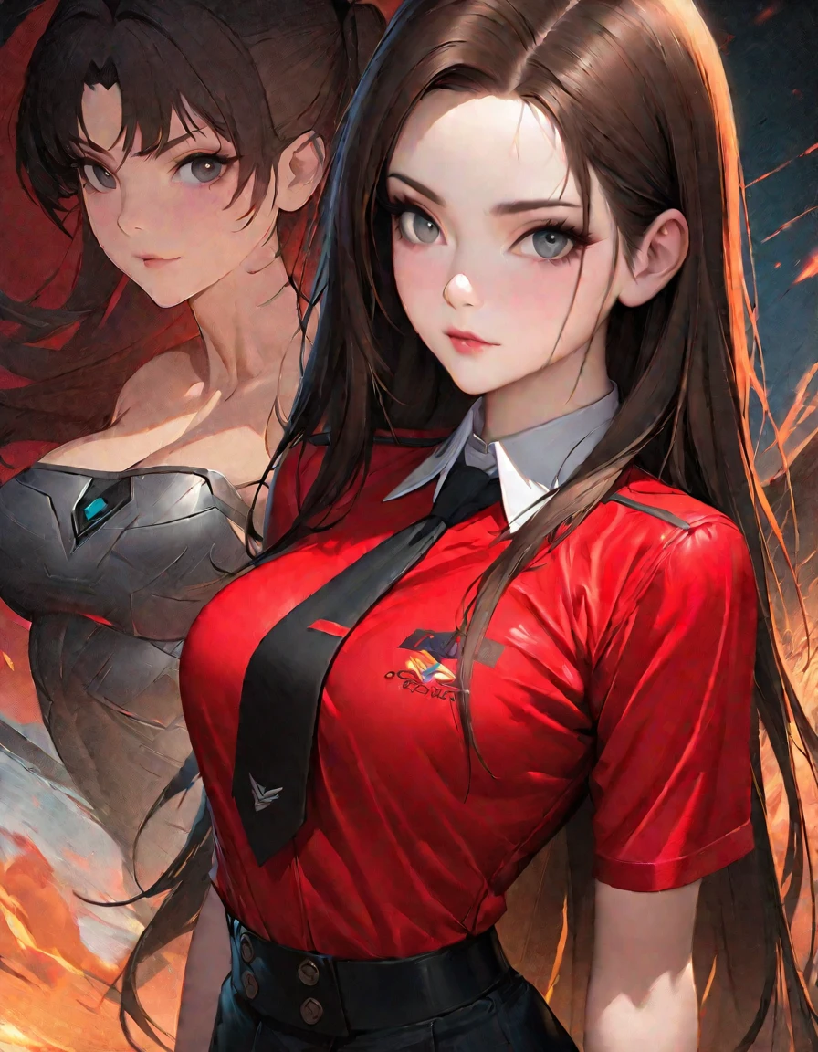 anime girl(kate mara) in red shirt and black tie posing for a picture, by Yang J, extremely detailed artgerm, rin tohsaka, artgerm jsc, artwork in the style of guweiz, beautiful digital artwork, artgerm. high detail, range murata and artgerm, style artgerm, ig model | artgerm