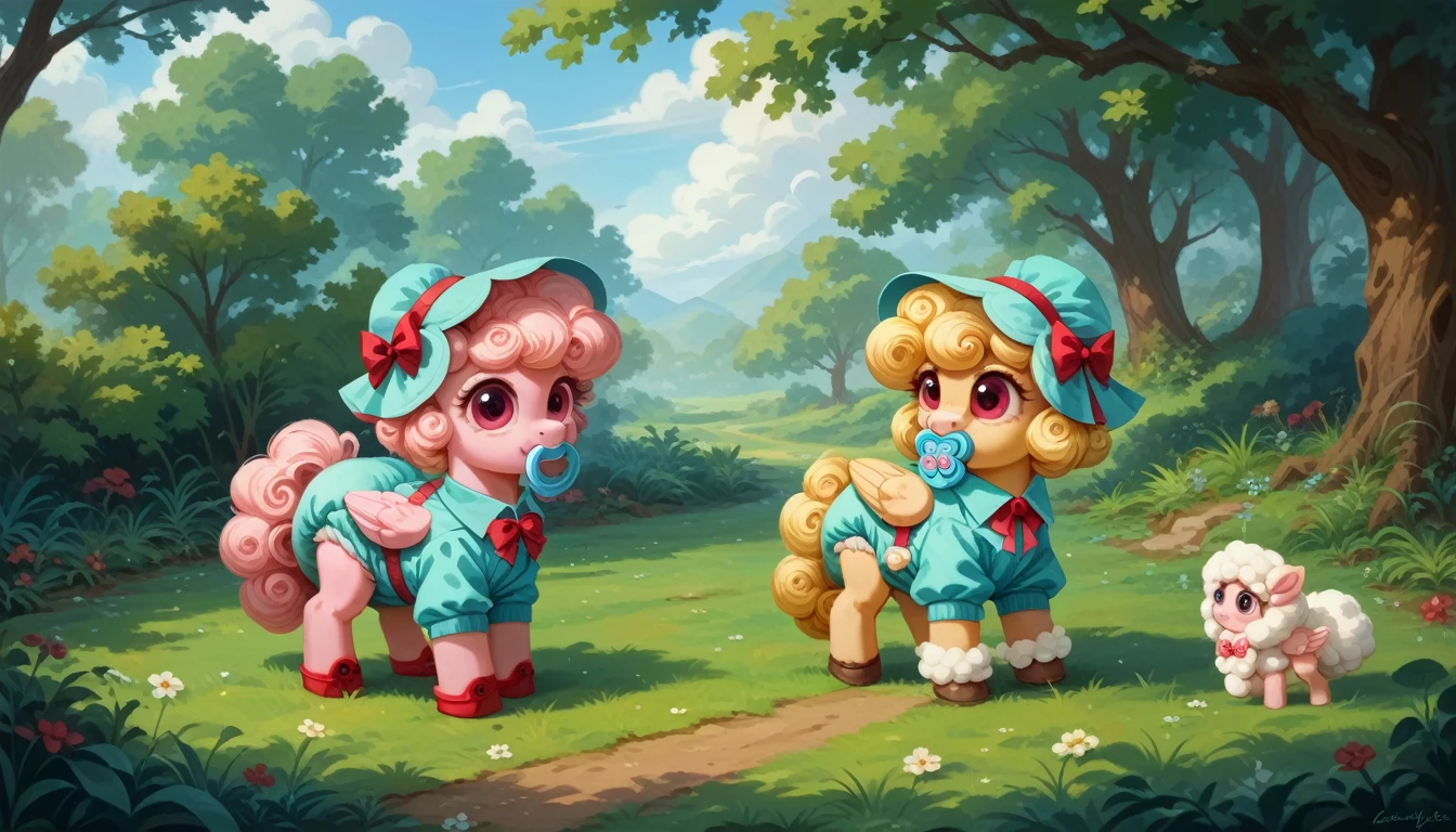 pony, Pegasus, adult filly, emerald wool, a lush mane, gathered in a bonnet, a fluffy tail with a bow, sitting outside, wearing a bodysuit, cap and booties, pacifier in mouth, solo, thick diaper under clothes.