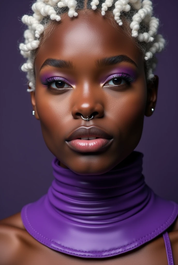 blond african woman, young, short curly white braids, septum piercing, dimples, thick collar around neck, naughty expression, purple latex, studio lights, dominating smile, close-up, UHD, retina, masterpiece, accurate, anatomically correct, textured skin, super detail, high details, high quality, award winning, best quality, highres
