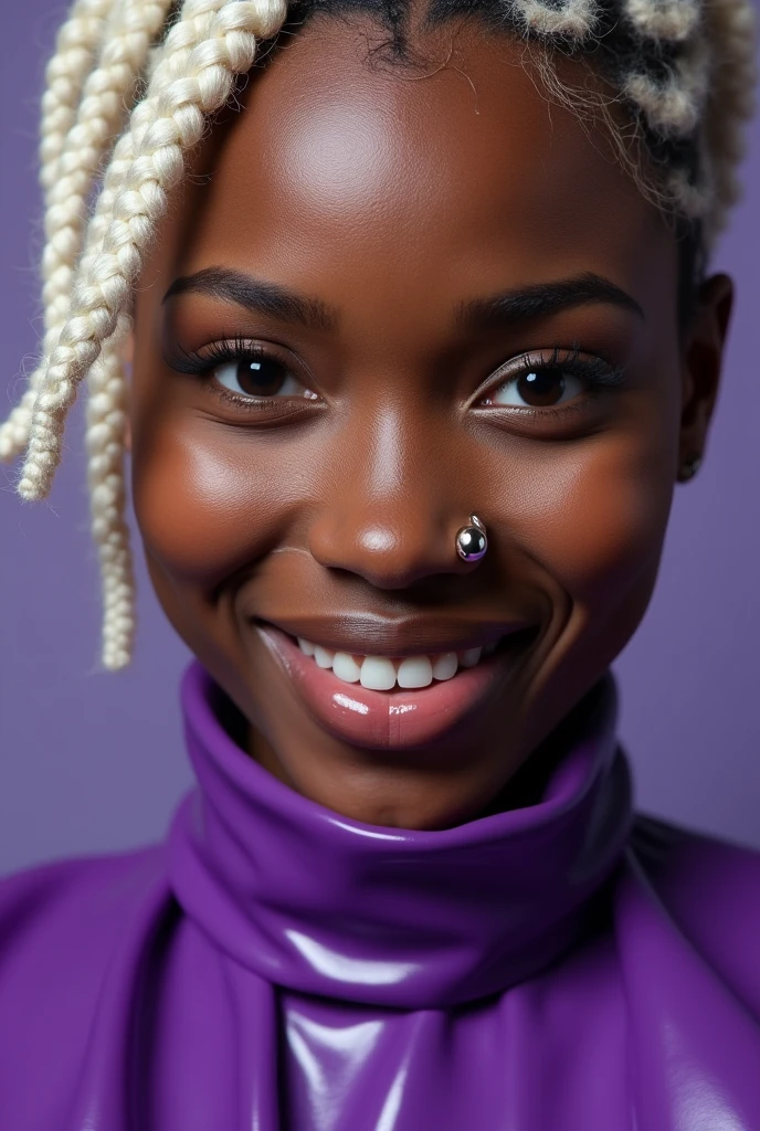 blond african woman, young, short curly white braids, septum piercing, dimples, thick collar around neck, naughty expression, purple latex, studio lights, dominating smile, close-up, UHD, retina, masterpiece, accurate, anatomically correct, textured skin, super detail, high details, high quality, award winning, best quality, highres
