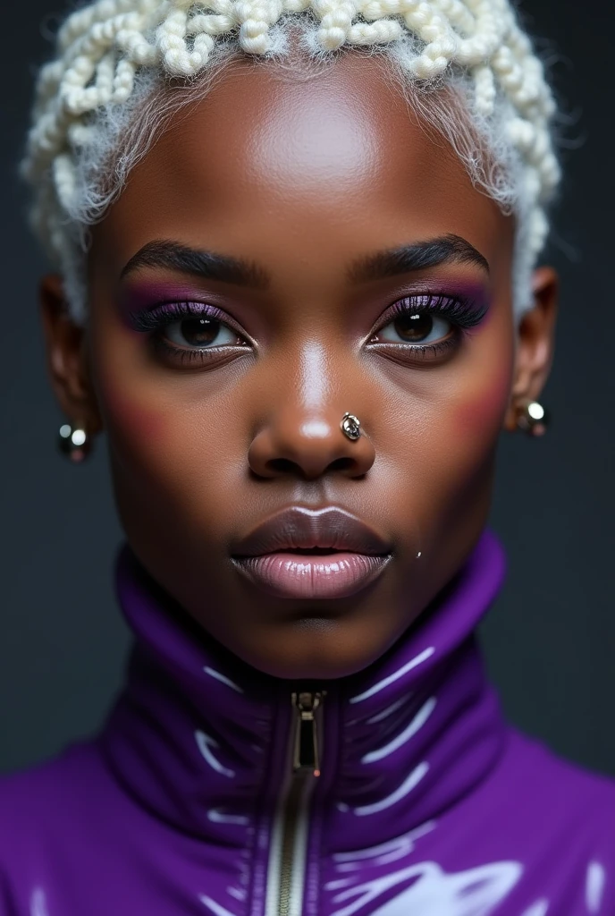 blond african woman, young, short curly white braids, septum piercing, dimples, thick collar around neck, naughty expression, purple latex, studio lights, dominating smile, close-up, UHD, retina, masterpiece, accurate, anatomically correct, textured skin, super detail, high details, high quality, award winning, best quality, highres
