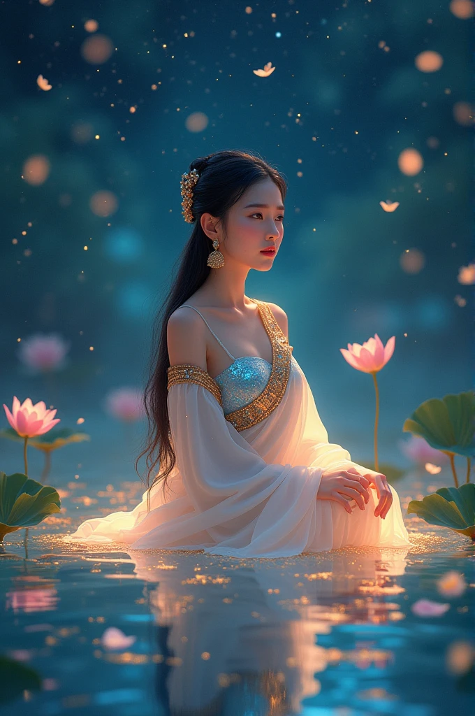 In the wind, in a small pool of water that is as clear as a mirror, of the night stars, blowing small white flower petals in the air. A full-body picture of a beautiful, sweet-faced young woman, 25 years old, wearing a white Thai dress with blue and gold sparkles, a white and gold sarong, a blue and gold sparkling shoulder cloth, long black hair, tied loosely, sitting in that pool of water. The scene is beautiful like a dream, a small orange lotus pond with a bright, shimmering light. Three-dimensional picture, oil painting, sharp picture.