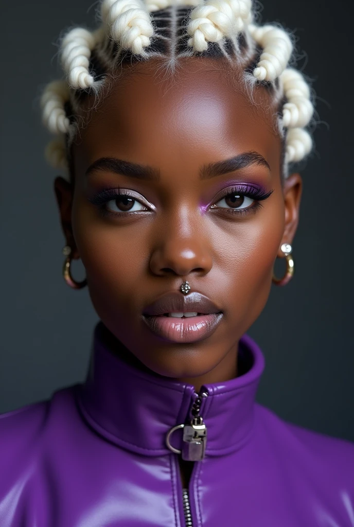 blond african woman, young, short curly white braids, septum piercing, dimples, thick collar around neck, naughty expression, purple latex, studio lights, dominating smile, close-up, UHD, retina, masterpiece, accurate, anatomically correct, textured skin, super detail, high details, high quality, award winning, best quality, highres