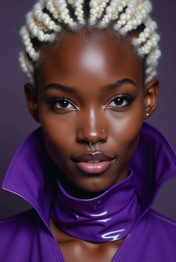 blond african woman, young, short curly white braids, septum piercing, dimples, thick collar around neck, naughty expression, purple latex, studio lights, dominating smile, close-up, UHD, retina, masterpiece, accurate, anatomically correct, textured skin, super detail, high details, high quality, award winning, best quality, highres
