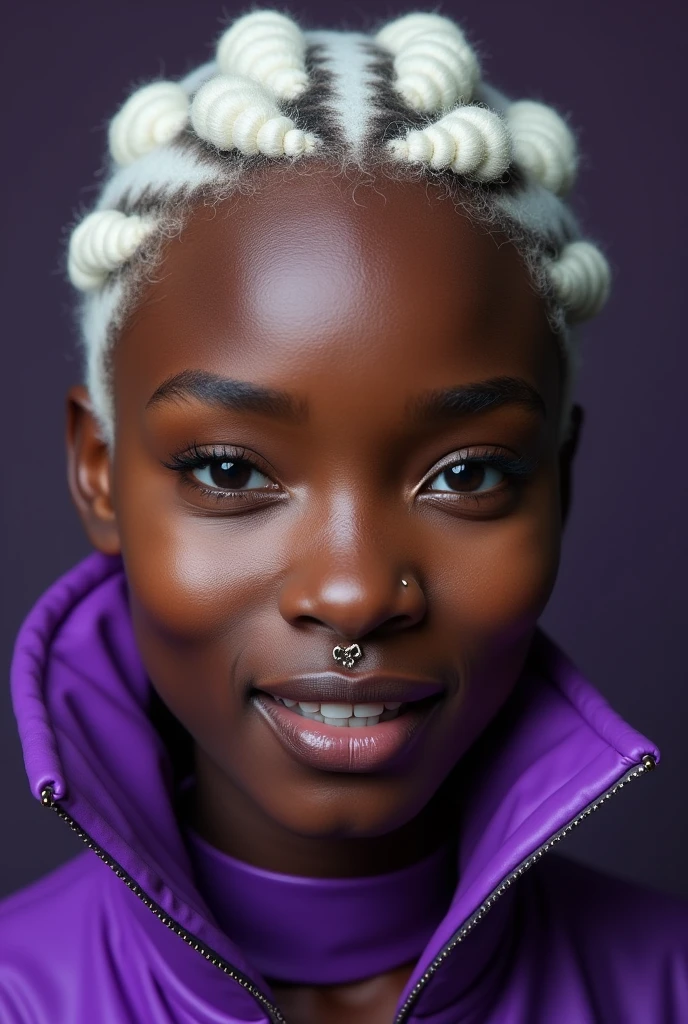 blond african woman, young, short curly white braids, septum piercing, dimples, thick collar around neck, naughty expression, purple latex, studio lights, dominating smile, close-up, UHD, retina, masterpiece, accurate, anatomically correct, textured skin, super detail, high details, high quality, award winning, best quality, highres