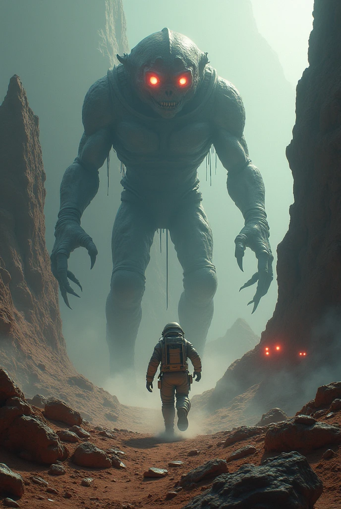The astronaut landed on the barren surface of the planet, With strange, dimly glowing rocks
.A large and terrifying shadow emerged from behind the hill, With bloodshot eyes,
the astronaut ran towards the spacecraft while sending an emergency message..