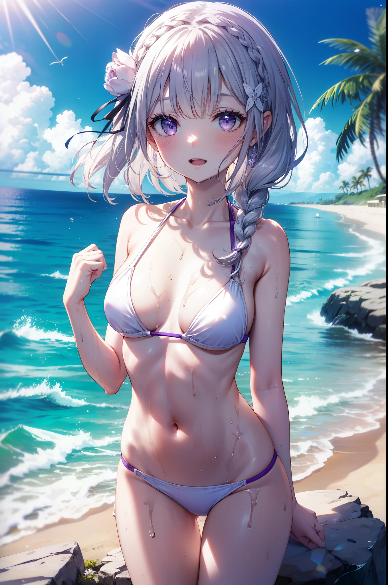 rezeroEmilia, Emilia,flower, hair flower, hair ornaments, Hair Ribbon, Long braids, (Purple eyes:1.2), Pointed Ears, white flower, x hair ornaments, smile,Open your mouth,White string bikini swimsuit,barefoot,Wet Hair,Wet Skin,Wet Hair,Water Play,Daytime,Clear skies,True Summer,whole bodyがイラストに入るように,
break outdoors, Ocean,Beach,
break looking at viewer, whole body,(Cowboy Shot:1.5),
break (masterpiece:1.2), Highest quality, High resolution, unity 8k wallpaper, (figure:0.8), (Beautiful attention to detail:1.6), Highly detailed face, Perfect lighting, Highly detailed CG, (Perfect hands, Perfect Anatomy),