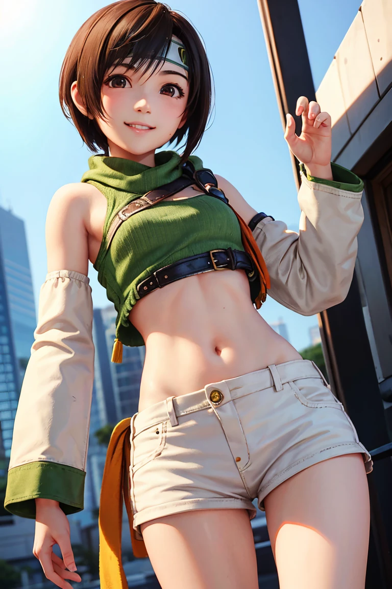 yuffie kisaragi、One Woman、Brown Hair、Asymmetrical bangs、Short Hair、Headband、Small waist、Thin legs、smile