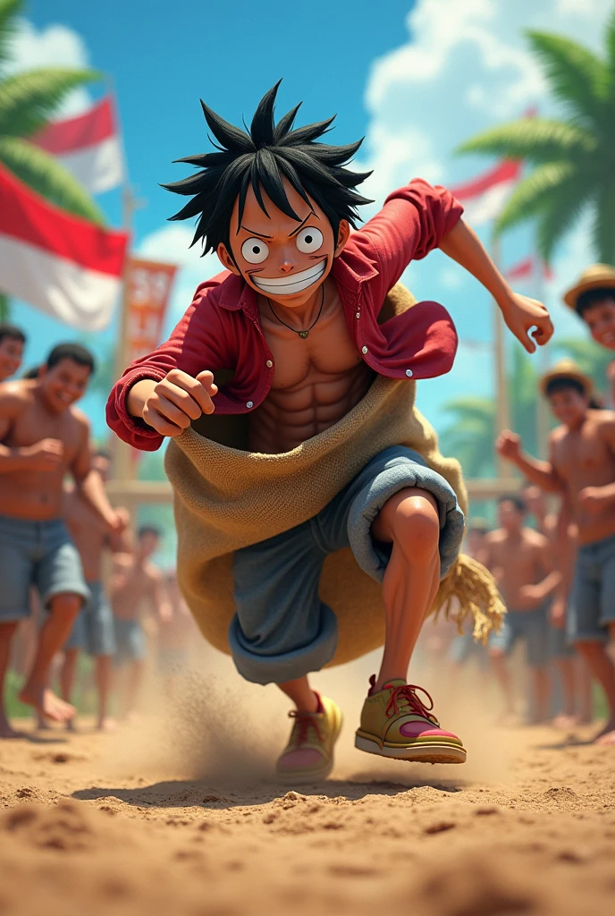 (photorealism:1.2), monkey d-luffy, baju warna merah dan putih, bendera Indonesia, dipipi bendera Indonesia, lomba "balap karung"