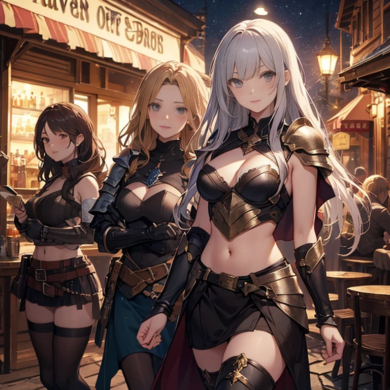 A group of female medieval fantasy adventurers, (in tavern), various hair styles, harem, night, details face, short skirt, seducing, sleeveless, armor, midriff