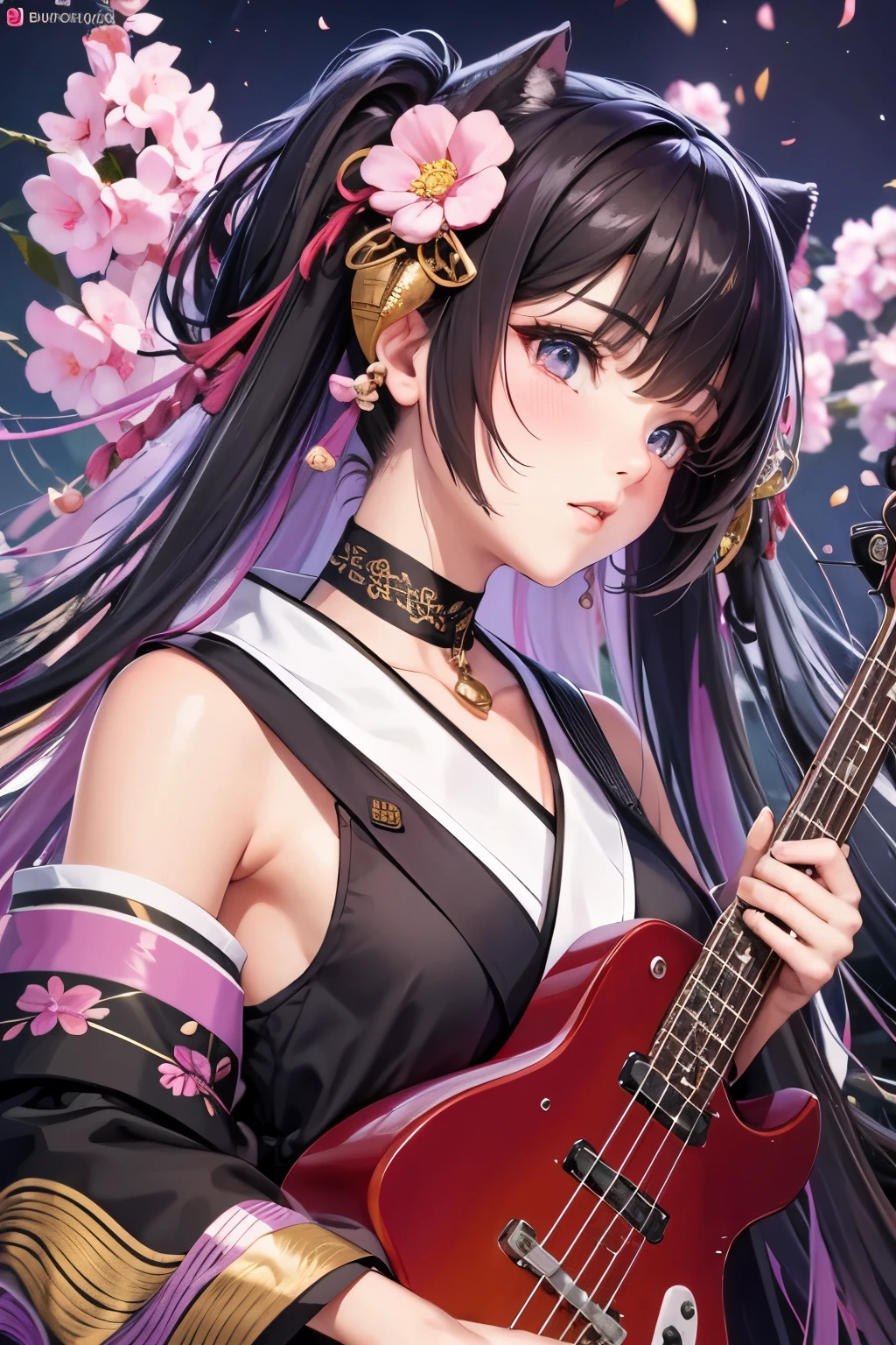 masterpiece, best quality, highly detailed, high resolution, expensive resolution, high resolution, 4k, 8k, Unity 8k wallpaper, highly detailed CG, masterpiece, 2d, 3d, beautiful details, depth, fine texture, best quality: 1.3, perfect focus, crispy skin, he, very cute anime girl, beautiful and cute girl in band playing bass guitar and singing in band wearing Japanese fancy patterned haori hakama on outdoor stage, full body, expensive black hair with pink inner short twin tail hair, mole under eye, looking at the viewer, expensive, blush, mole, open lips, , heart shaped choker, pink eyes, bass guitar, vocals, stage, outdoor festival stage