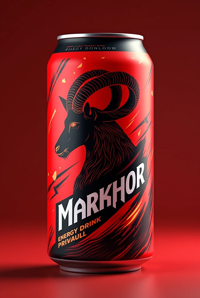 Create me an energy drink can design with brand name markhor using red black colour 

