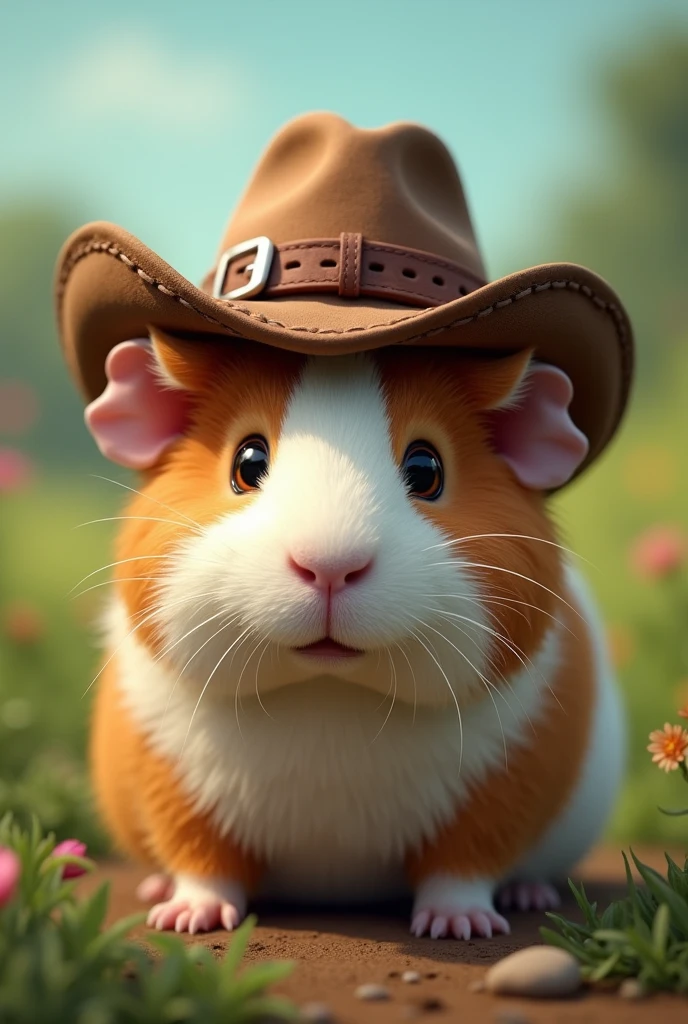 A guinea pig wearing a cowboy hat in front of a blue green natural background