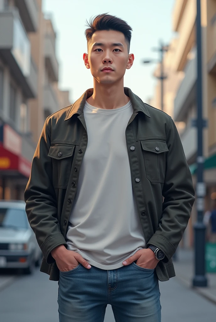 A Korean man standing in a street white shirt jeans pant and jacket, buzz cut, very Short hair, 1 inch hair with short Comma hair cuve on forehead