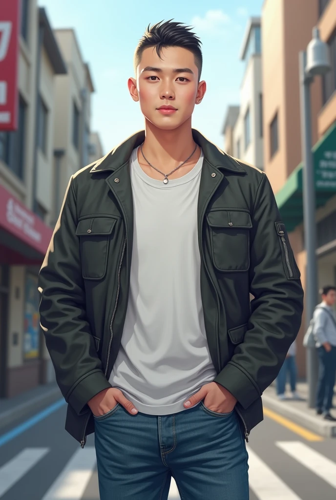 A Korean man standing in a street white shirt jeans pant and jacket, buzz cut, very Short hair, 1 inch hair with short Comma hair cuve on forehead