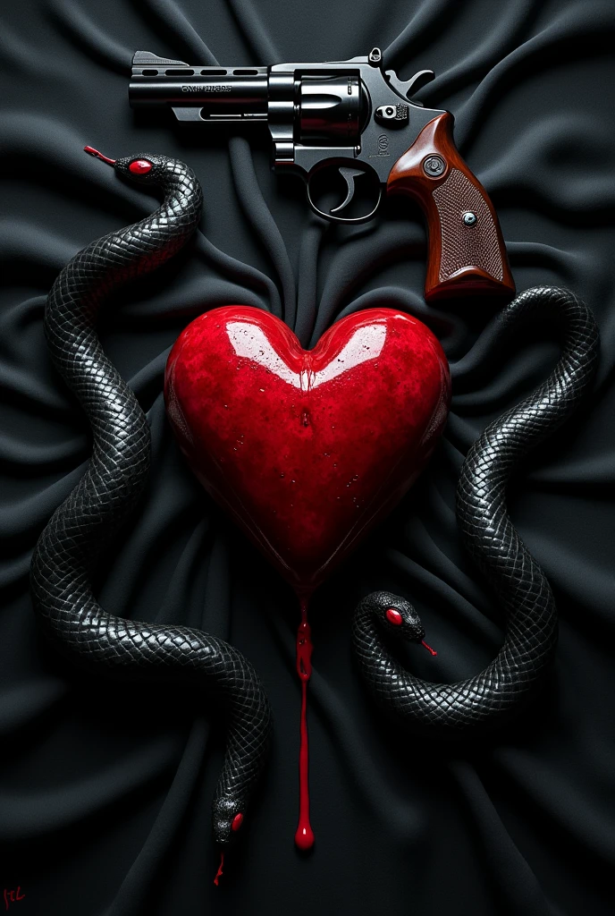 Crée moi une image qui me servira de couverture de livre. Une couverture assez, qui a pour objet un pistolet, un cœur en sang, de la soie.... Des objets qui font référence à de l'amour, de la trahison... Il ne faut pas qu'il y ai des humains sur l'image. J'aimerai comme couleur principale du Noir, Rouge, Avec pour titre Whispers in the shadow. J'aimerai aussi voir des serpents ???? venir sur les côtés en direction du cœur, la soie doit etre entièrement ???? avec des goute de sang