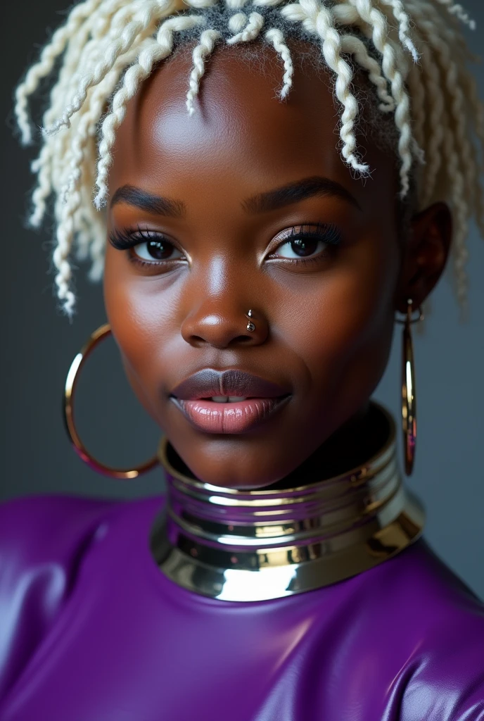 blond african woman, young, short curly white braids, septum piercing, dimples, thick collar around neck, naughty expression, purple latex, studio lights, dominating smile, close-up, UHD, retina, masterpiece, accurate, anatomically correct, textured skin, super detail, high details, high quality, award winning, best quality, highres