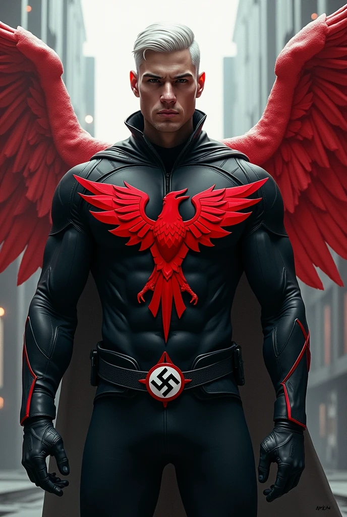 A modern-style Red Eagle superhero with a Nazi aesthetic, sporting a sleek and masculine short white haircut. A eagle logo is on his chest and a Nazi logo on his belt.