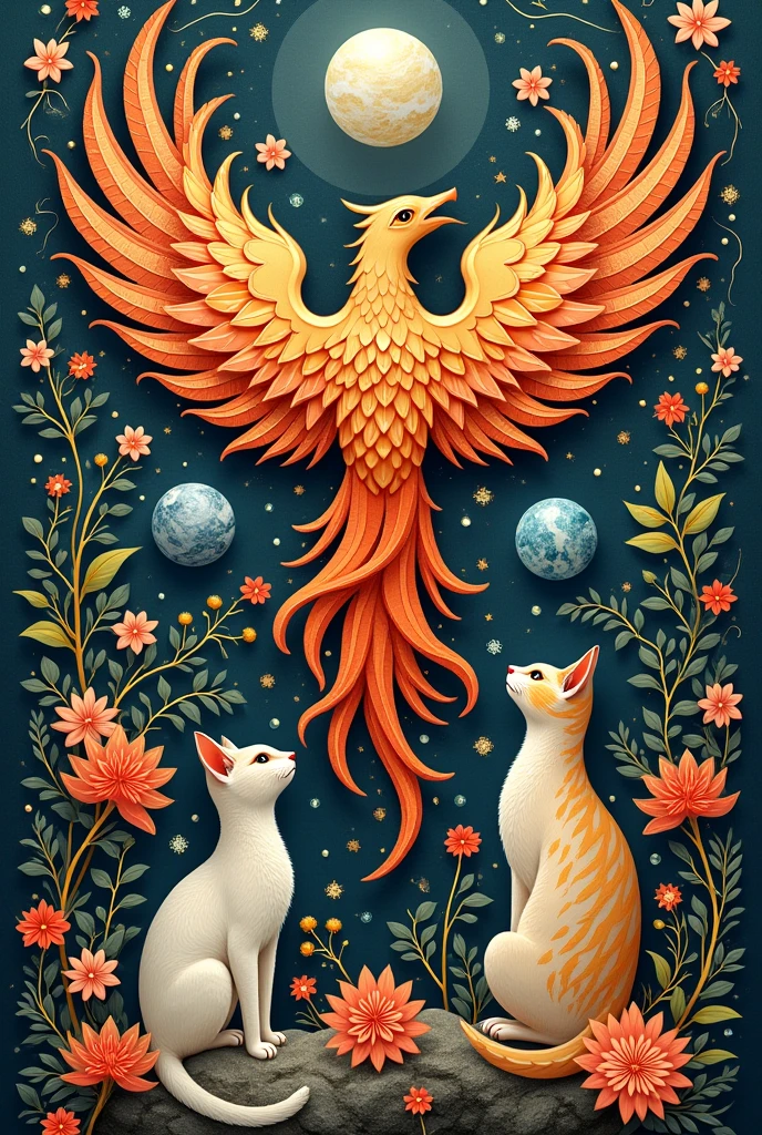 a dust jacket with eye-catching designs that features several small phoenix designs, marbles, flowers and cats
