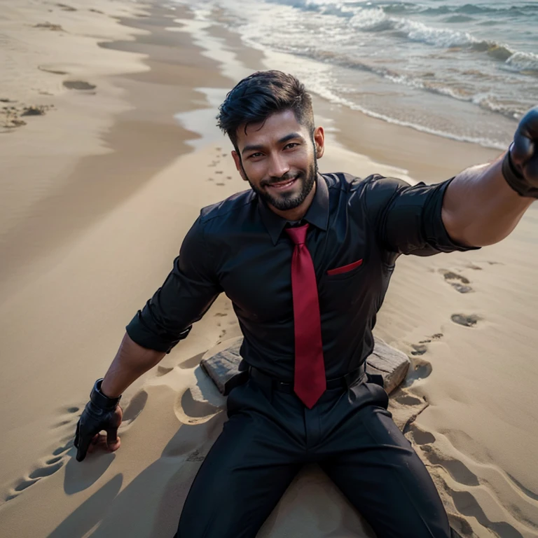 33 years old,One Man,、Handsome。Black Shirt、Red tie、Black gloves、Dhaka - Fighters、Ocean、Sit in the sand ,,logic,Gay ,Very short hair、 ,Asian Face,、 Handsome smile View from above