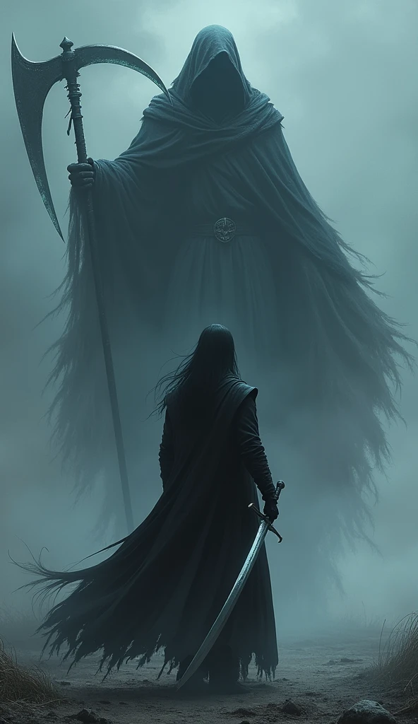 On a desolate battlefield shrouded in darkness, Vortex stands, his long black hair cascading over his shoulders, partially obscuring his intense gaze. His black coat billows in the cold wind, contrasting sharply with the crisp white shirt beneath. As he grips his dark sword, a malevolent energy begins to pulse through the blade, growing stronger with each passing moment. With a swift and precise motion, Vortex swings his sword, and the air around him seems to ripple with the force of his strike. From the arc of the blade, shadows gather and coalesce into a terrifying form—a towering reaper clad in a tattered black robe, its hollow eyes glowing faintly beneath its hood. In its skeletal hands, it wields a massive scythe that gleams with an eerie light. The reaper hovers behind Vortex, its presence commanding and ominous, ready to carry out his will. The battlefield falls silent as the reaper’s cold, deathly aura spreads, and Vortex, with a grim smile, prepares to unleash the full power of his dark summon.