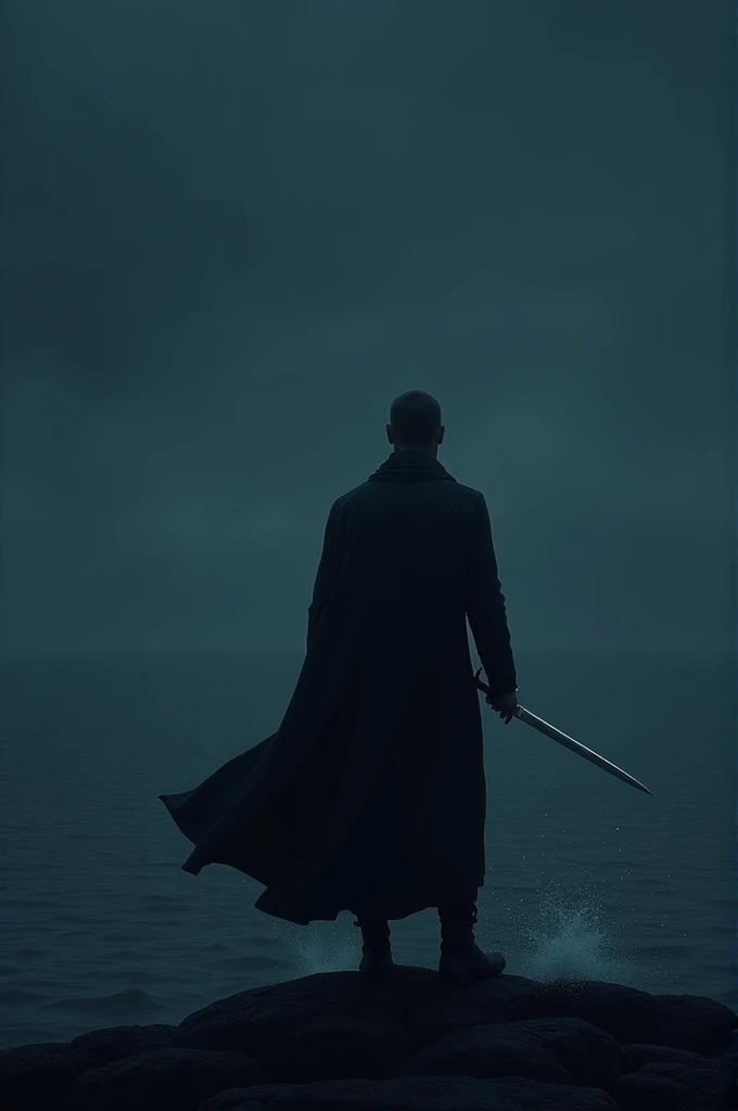 A man standing alone at the dark night at the edge of sea. He is holding a showrd in his hand which is pinned towards the sea. 