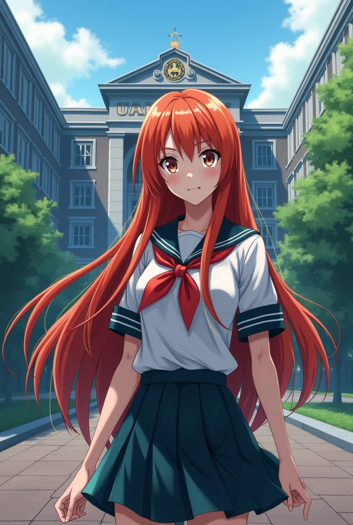 anime, A beautiful woman with long, reddish-blonde hair, not too tall, wearing the school uniform seen in the anime My Hero Academia., Currently standing in front of UA High School, the setting from the anime My Hero Academia, along with the guy named Bakugo Katsuki, a character in the anime Boku no Hero