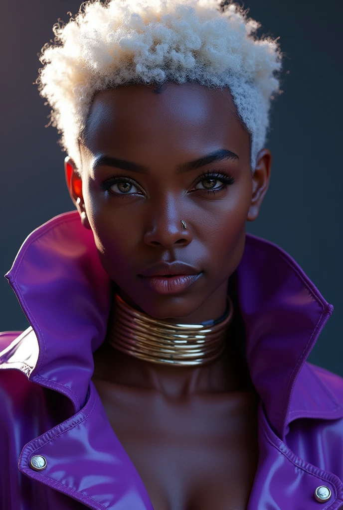 blond african woman, young, short white curly mullet, septum piercing, dimples, thick collar around neck, naughty expression, purple latex, studio lights, dominating smile, close-up, UHD, retina, masterpiece, accurate, anatomically correct, textured skin, super detail, high details, high quality, award winning, best quality, highres