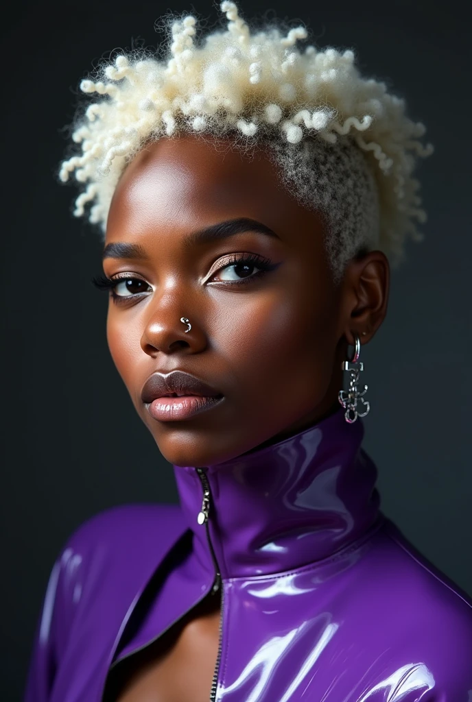 blond african woman, young, short white curly mullet, septum piercing, dimples, thick collar around neck, naughty expression, purple latex, studio lights, dominating smile, close-up, UHD, retina, masterpiece, accurate, anatomically correct, textured skin, super detail, high details, high quality, award winning, best quality, highres