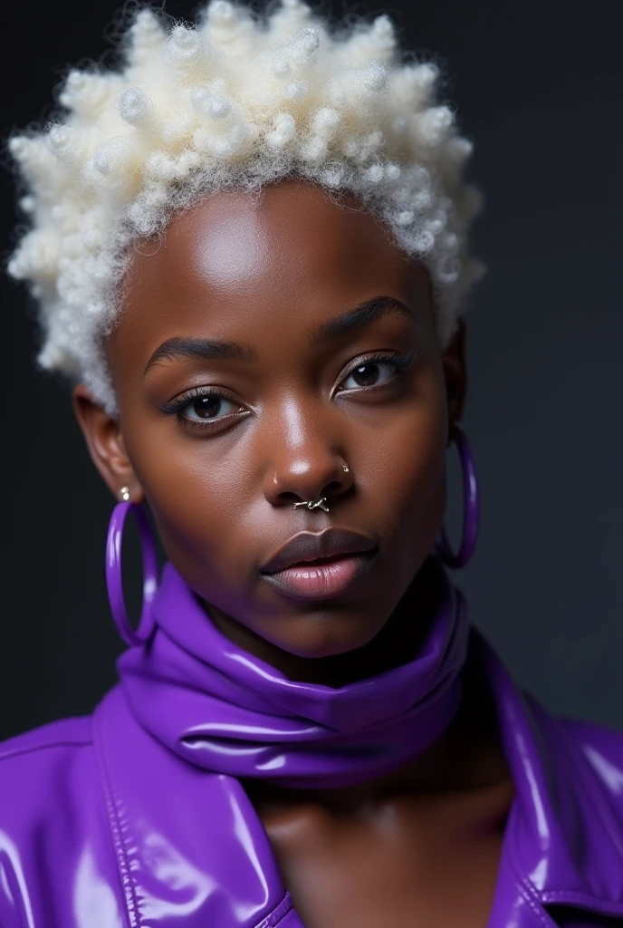 blond african woman, young, short white curly mullet, septum piercing, dimples, thick collar around neck, naughty expression, purple latex, studio lights, dominating smile, close-up, UHD, retina, masterpiece, accurate, anatomically correct, textured skin, super detail, high details, high quality, award winning, best quality, highres