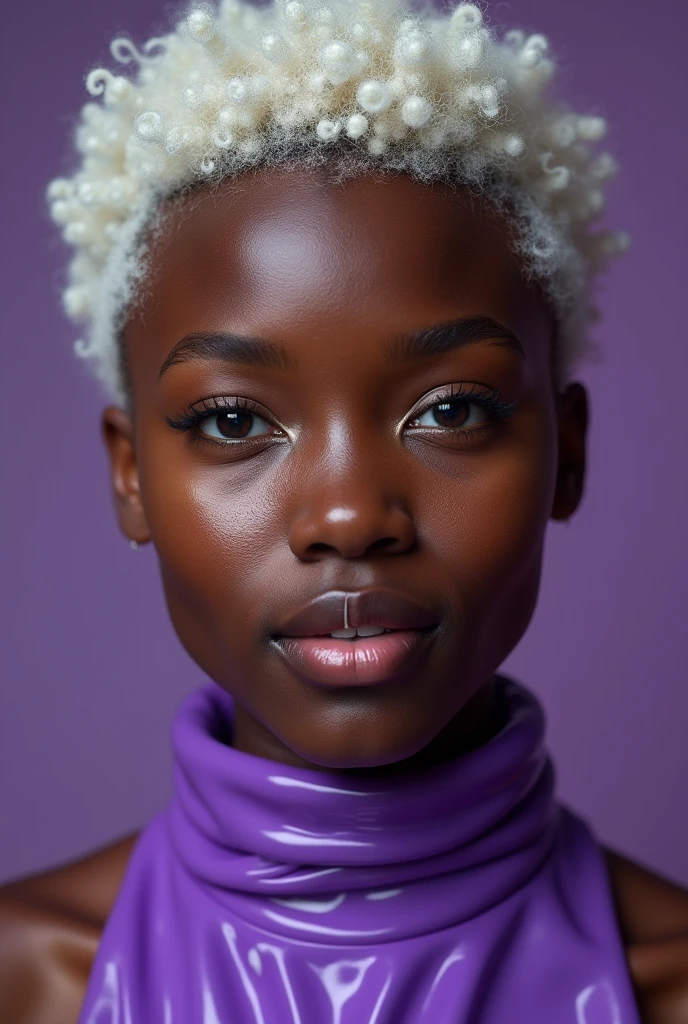 blond african woman, young, short white curly mullet, septum piercing, dimples, thick collar around neck, naughty expression, purple latex, studio lights, dominating smile, close-up, UHD, retina, masterpiece, accurate, anatomically correct, textured skin, super detail, high details, high quality, award winning, best quality, highres
