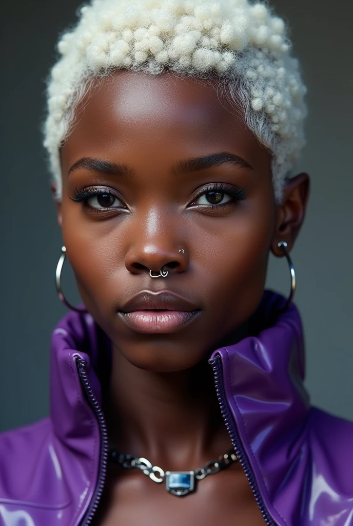 blond african woman, young, short white curly mullet, septum piercing, dimples, thick collar around neck, naughty expression, purple latex, studio lights, dominating smile, close-up, UHD, retina, masterpiece, accurate, anatomically correct, textured skin, super detail, high details, high quality, award winning, best quality, highres