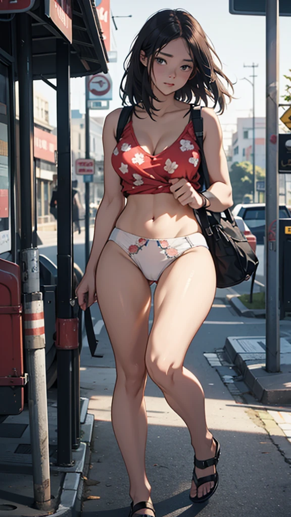 A young woman is walking at the bus stand. She is wearing sexy printed underwear. Her hips are big. It is evening and it is sunny.
